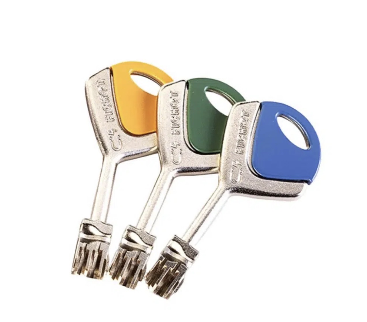 Trois clés Fichet brevetées à têtes colorées : jaune, vert, bleu
