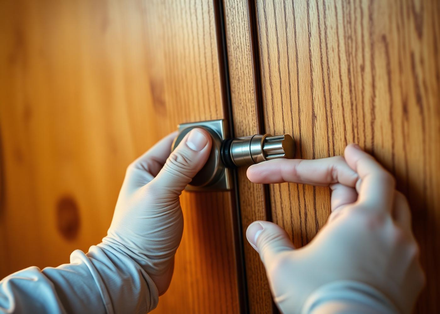 Serrurier installant une serrure haute sûreté sur une porte en bois